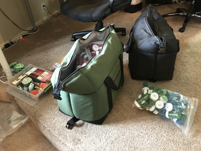 Bags packed with cannabis products will allow medical marijuana delivery drivers to restock throughout the day, Nov. 29, 2017.