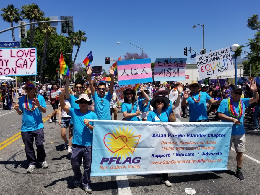 San Gabriel Valley's Asian Pacific Islander chapter of PFLAG marches in support of LGBTQ friends and family at a recent Pride parade.
