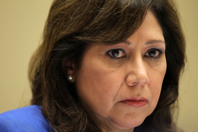 WASHINGTON, DC - SEPTEMBER 22:  U.S. Labor Secretary Hilda Solis pauses as she testifies during a hearing before the House Oversight and Government Reform Committee September 22, 2011 on Capitol Hill in Washington, DC. The hearing was to examine whether the Obama Administration's green energy agenda is killing jobs.  (Photo by Alex Wong/Getty Images)