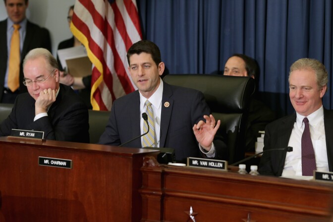 WASHINGTON, DC - FEBRUARY 05:  House Budget Committee Chairman Paul Ryan (R-WI) (C) debates as ranking member Rep. Chris Van Hollen (D-MD) (R) and Rep. Tom Price (R-GA) listens during a hearing in the Cannon House Office Building on Capitol Hill February 5, 2014 in Washington, DC. Committee members questioned Congressional Budget Office Director Douglas Elmendorf about the latest projections by the CBO, which says the Affordable Care Act, or Obamacare, will affect supply and demand for labor, leading to a net reduction of about 2.5 million full-time jobs by 2024.  (Photo by Chip Somodevilla/Getty Images)