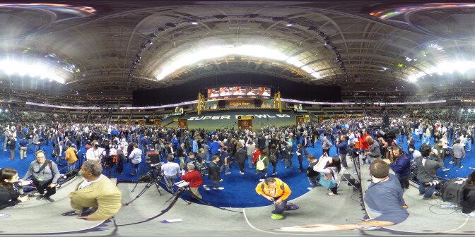 SAN JOSE, CA - FEBRUARY 01:  (EDITOR'S NOTE: Image was created as an Equirectangular Panorama. Import image into a panoramic player to create an interactive 360 degree view.) Cam Newton #1 of the Carolina Panthers addresses the media at Super Bowl Opening Night Fueled by Gatorade at SAP Center on February 1, 2016 in San Jose, California.  (Photo by Maxx Wolfson/Getty Images)