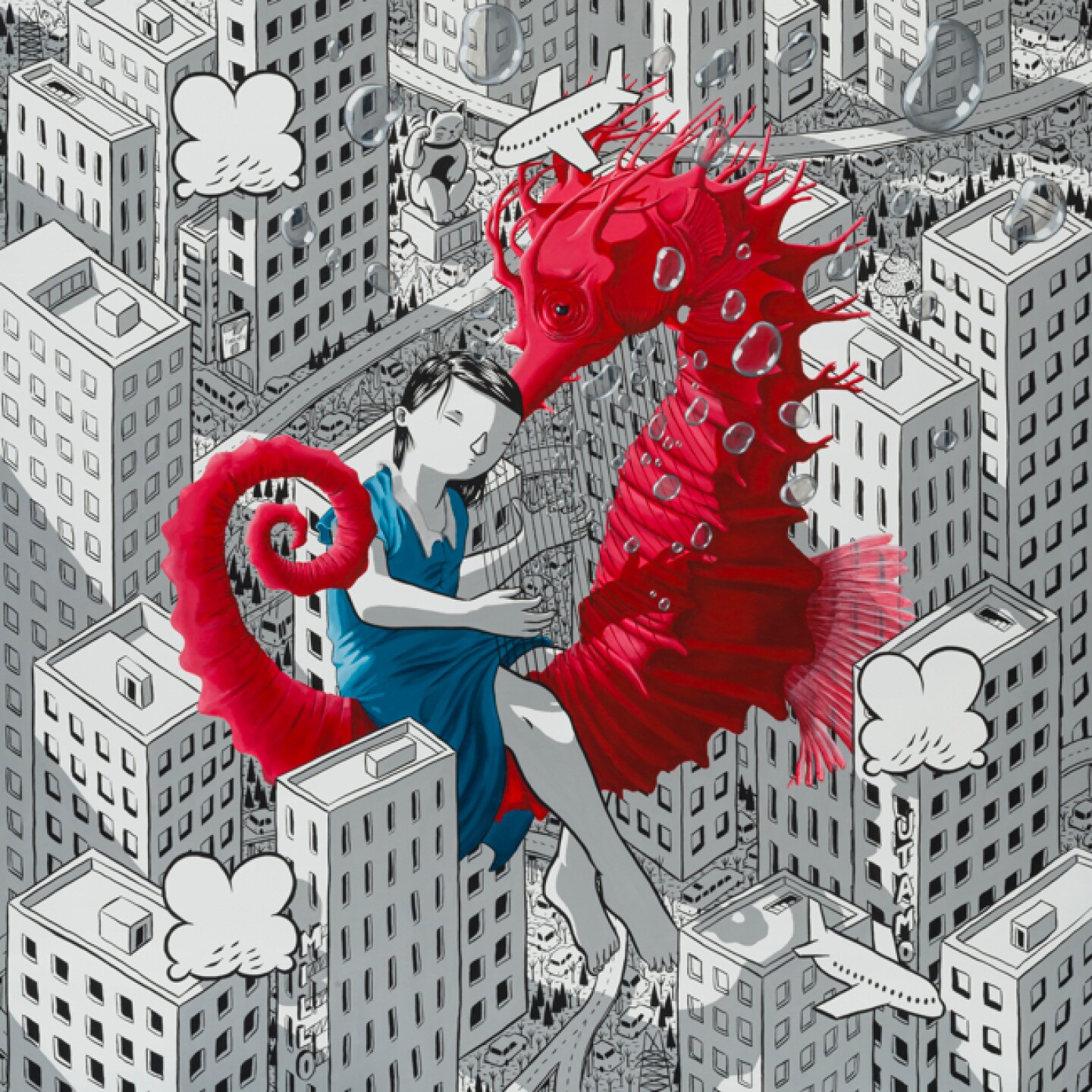surreal image of a drawn woman on a red seahorse