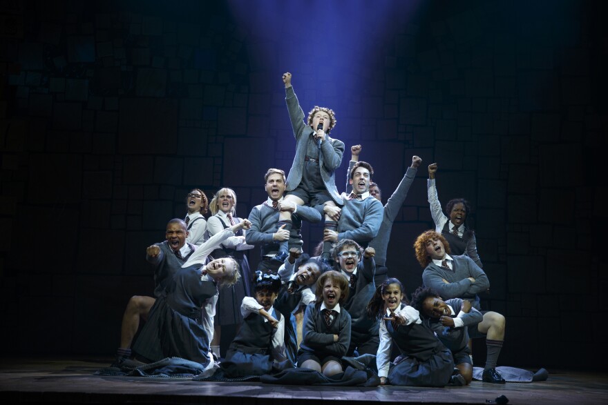 Evan Gray (top center) and the Company of Matilda The Musical National Tour. Based on the beloved novel by best-selling author Roald Dahl, 'Matilda The Musical' has a book by Dennis Kelly, music and lyrics by Tim Minchin and is directed by Matthew Warchus.
