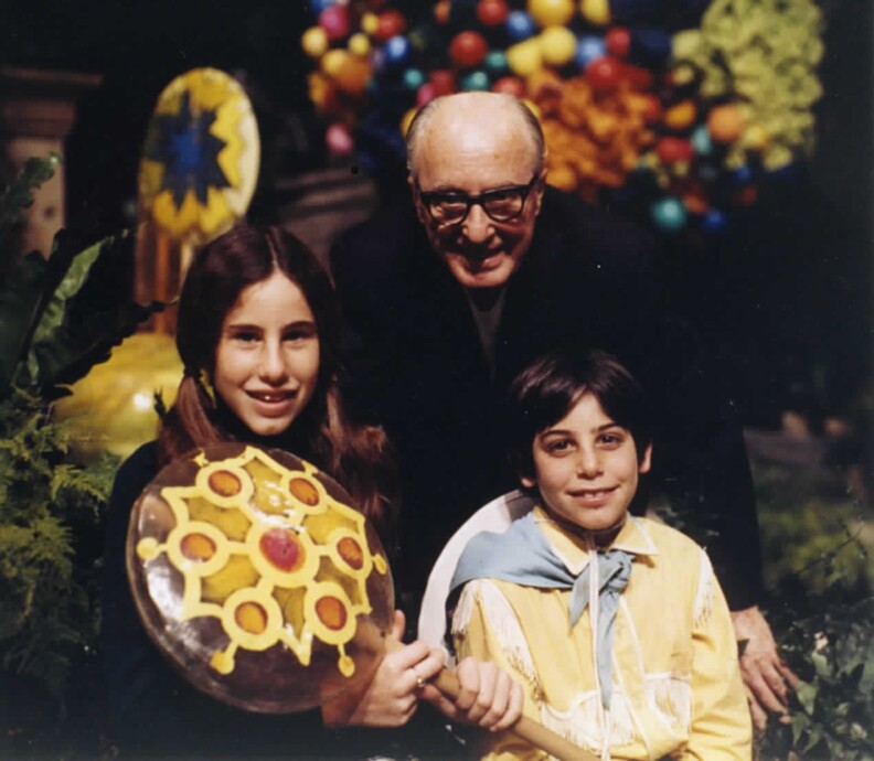 Madeline and Peter Stuart in 1970, with grandfather Edgar Solomon, on the set of "Willy Wonka and the Chocolate Factory," which was directed by their father Mel Stuart.