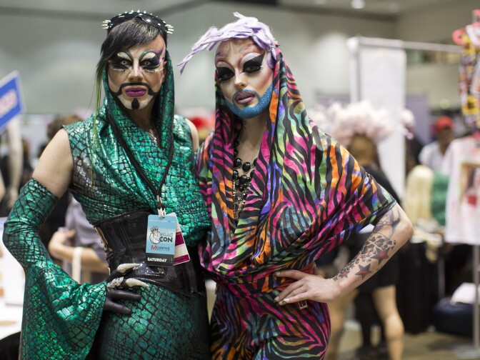 Glitz Glam, left, and Disco Dollie attend RuPaul’s DragCon, the first drag convention in history, at the Los Angeles Convention Center on Saturday, May 16, 2015. 