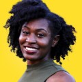 A portrait of Aaricka Washington against a yellow background.