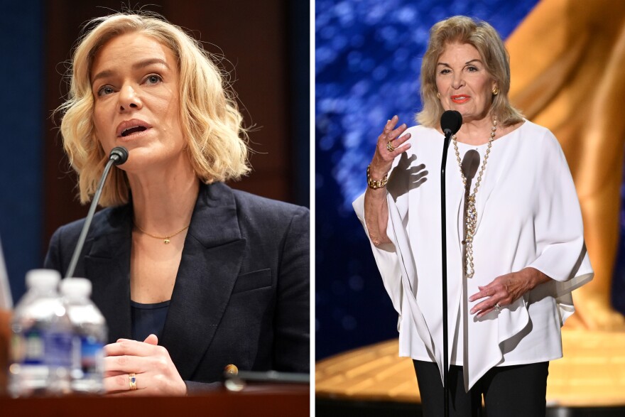 Side by side images show two women, both with light-tone skin and hair, in front of mics.