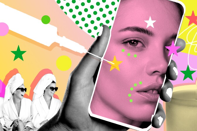 A graphic illustration that shows three women sitting in a row wearing white bath robes, black sunglasses and their hair wrapped in white towels. A hand with white nail polish holding a phone with a woman's face on it. An illustration of a needle is pictured poking into the woman's face