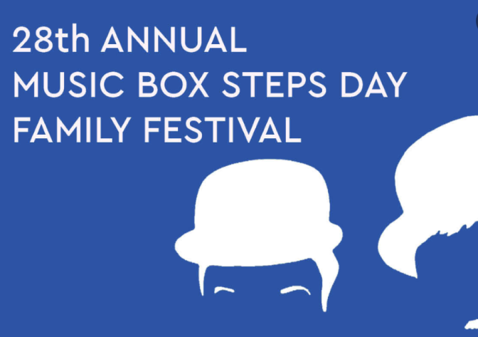Music Box Steps Day Festival poster graphic of Laurel and Hardy in white silhouette against a blue background 