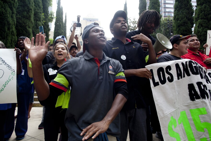 Fast food workers went on strike nation-wide to protest for a $15 minimum wage outside of the Central Library in Downtown Los Angeles.