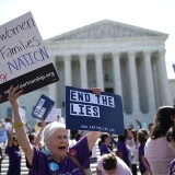 WASHINGTON, DC - JUNE 26:  Supporters of women's rights protest outside the U.S. Supreme Court as the court issues a ruling on a California law related to abortion issues on June 26, 2018 in Washington, DC. A Calfornia law requiring "pregnancy crisis centers" to inform women of abortion options was ruled as a likely violation of first amendment rights by the court.  (Photo by Win McNamee/Getty Images)