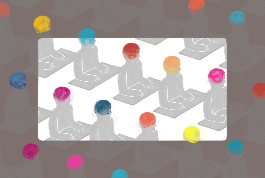 Rows of students sit at individual desks in a mostly monochromatic illustration. However, each student's head is shaded a different vibrant color.