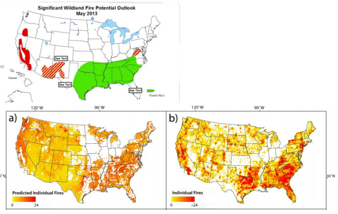 Preliminary maps from JPL's F-DAS system study show a more detailed projection of where wildfires are likely to occur. The US Forest Service's map is shown above right. JPL's maps are shown bottom left and right. 