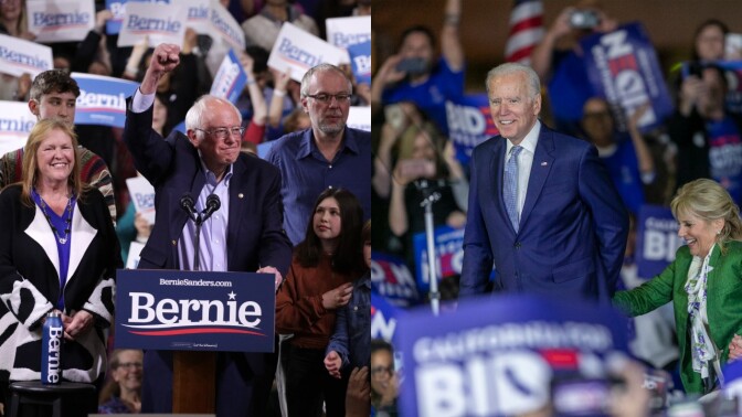Vermont Senator Bernie Sander (L) and former Vice President Joe Biden (R) address their supporters at their respective rallies following Super Tuesday's results.
