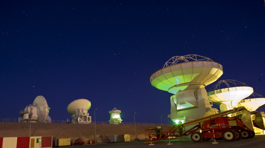 Radio telescope antennas of the ALMA ( Atacama Large Millimeter/submillimeter Array) project, in the Chajnantor plateau, Atacama desert, some 1500 km north of Santiago, on September 30, 2011. The ALMA, an international partnership project of Europe, North America and East Asia with the cooperation of Chile, is presently the largest astronomical project in the world. When finished, it will consistof 66 high precision antennas that will work as a single telescope, located at 5000 of altitude in the extremely arid Atacama desert. AFP PHOTO/Martin BERNETTI EMBARGO, RELEASABLE 3 OCTOBER AT 9 GMT - THIS RESTRICTION APPLIES TO ALL MEDIA, INCLUDING WEBSITES (Photo credit should read MARTIN BERNETTI/AFP/Getty Images)