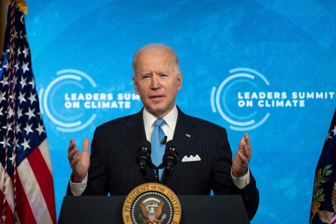 US President Joe Biden delivers remarks and participates in the virtual Leaders Summit on Climate Session 5: The Economic Opportunities of Climate Action from the White House in Washington, DC, on April 23, 2021. (Photo by JIM WATSON / AFP) (Photo by JIM WATSON/AFP via Getty Images)