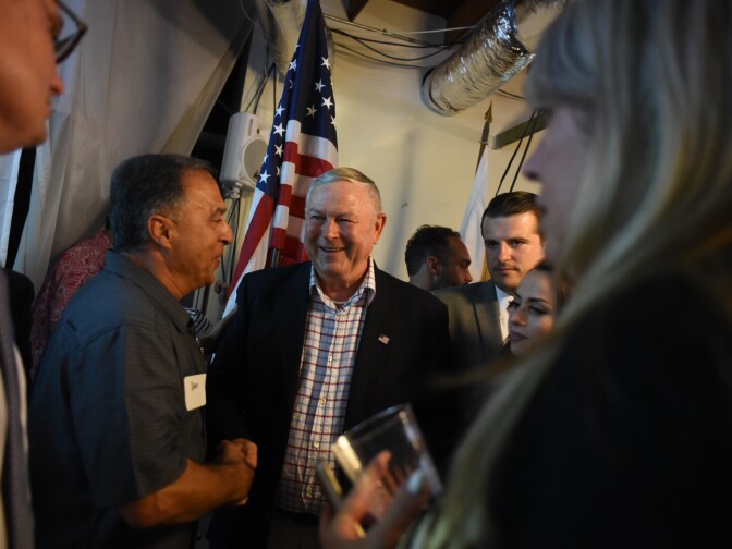 Rep. Dana Rohrabacher shakes hands with supporters at his election night party in Costa Mesa, Calif. on Tuesday, June 5, 2018.