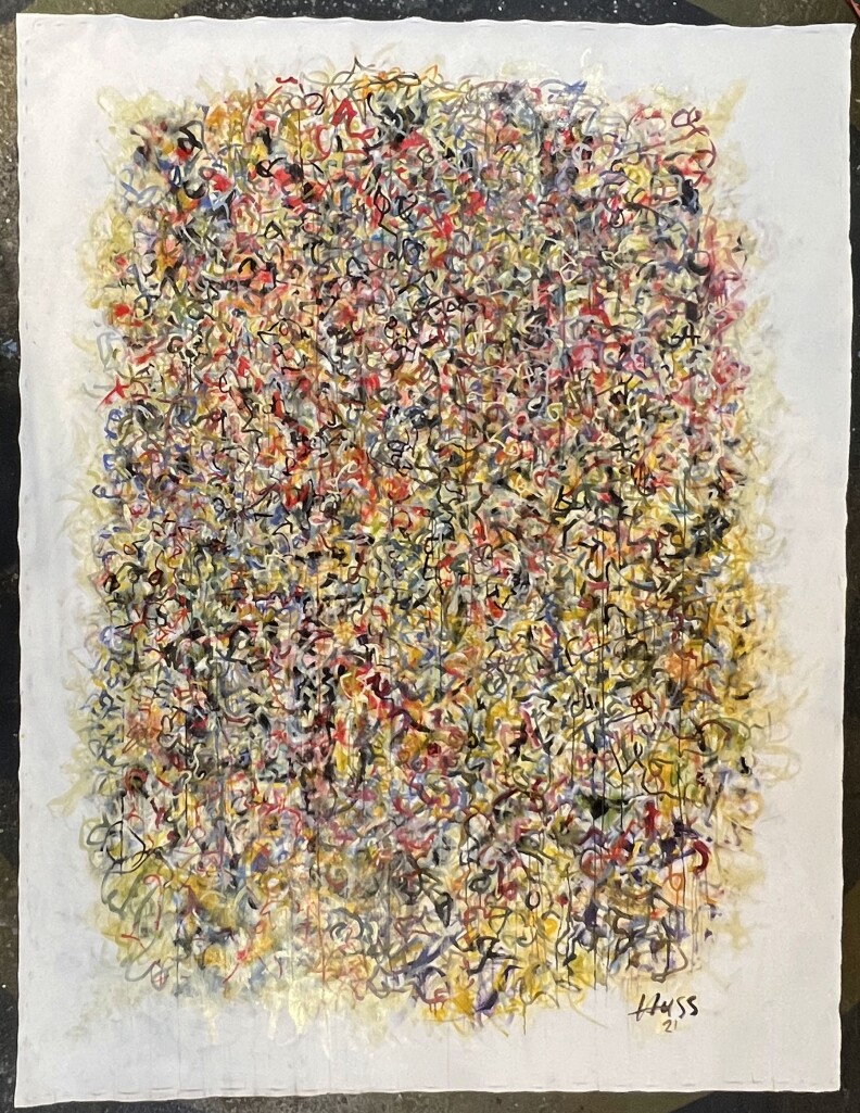 A vertical painting, signed "Huss," with many colors f squiggly lines layered over one another, on an off-white background.
