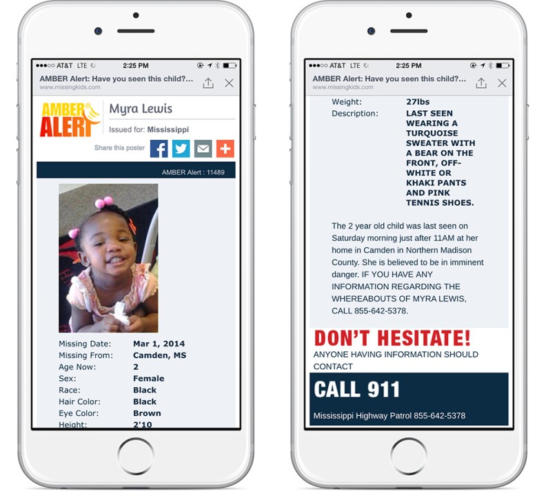 An example of Facebook's AMBER alert integration.