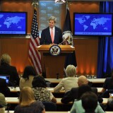 US Secretary of State John Kerry speaks on Syria at the State Department in Washington, DC, on August 26, 2013. The United States said Tuesday that chemical weapons had been used against Syrian civilians and warned President Barack Obama would demand accountability for this 'moral obscenity.' Employing his strongest language yet, Kerry said Washington was still examining evidence, but left no doubt that Bashar al-Assad's regime would be blamed.