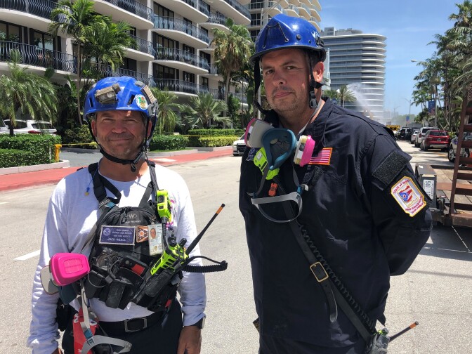 Jack Reall, left, and Ryan Hogsten are members of the Ohio Task Force 1 Urban Search and Rescue Team. They were deployed to Surfside, Fla., after the condo collapse.