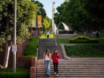 Two femme presenting students walk down university stairs outside. There are trees and greenery