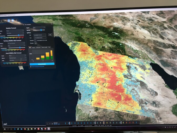 San Diego Gas & Electric showed in-house technology that simulates 10 million wildfires every day based on various data sets. The goal is to be ready in case one happens and threatens electrical installations.