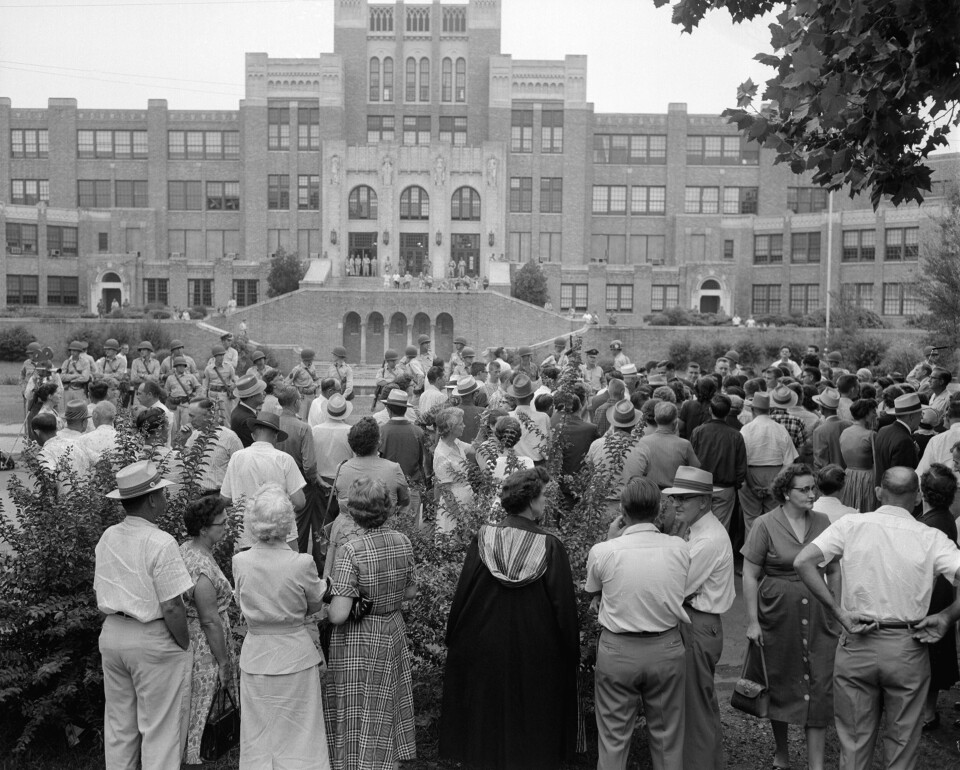 Only White students entered Central High School at Little Rock, Ark., on Sept. 5, 1957.   The school is under integration orders from U.S. District Judge Ronald N. Davies.  The day before nine Black students were refused admittance to the school by Arkansas National Guardsmen.   The military men were ordered by Governor Orval Faubus to surround the school and prevent Black students  from entering the grounds. (AP Photo/William P Straeter)