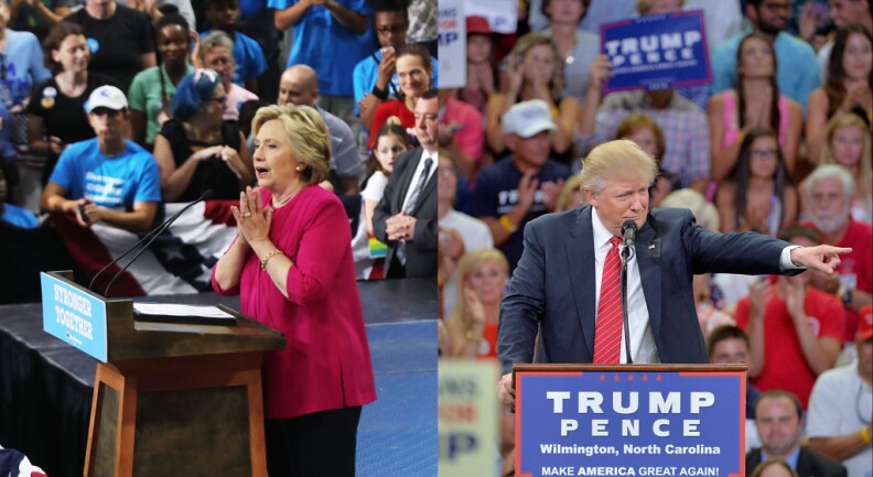 (L) Democratic presidential candidate Hillary Clinton speaks during a rally a day after accepting the Democratic Party's nomination for president at Temple University on July 29, 2016 in Philadelphia, Pennsylvania. (R) Republican presidential candidate Donald Trump addresses the audience during a campaign event at Trask Coliseum on August 9, 2016 in Wilmington, North Carolina.