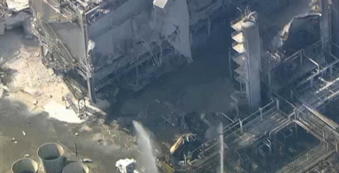 Aerial footage from NBC4 showed firefighters responding to the scene of an explosion at the ExxonMobil refinery in Torrance, Calif., on February 18, 2015.
