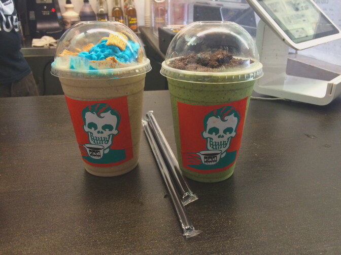 Two of the specialty drinks at Rad Coffee. Left: The Cinnamon Toast Crunch Cereal Chiller. Right: The Frankenstein, made of matcha green tea.  