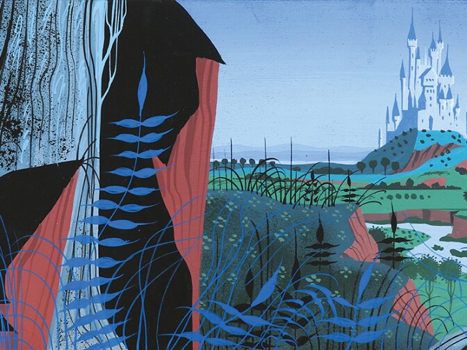 Eyvind Earle concept painting of a landscape with castle for "Sleeping Beauty."