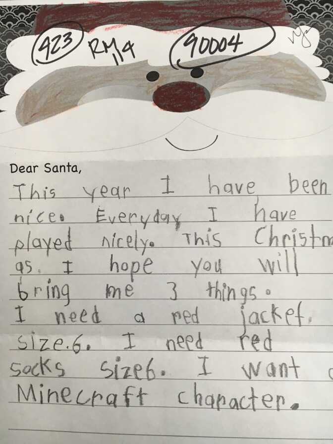 A letter from an anonymous child addressed to Santa. This year, the US Postal Service is celebrating its 104th year of answering the handwritten letters to Santa Claus it receives. 