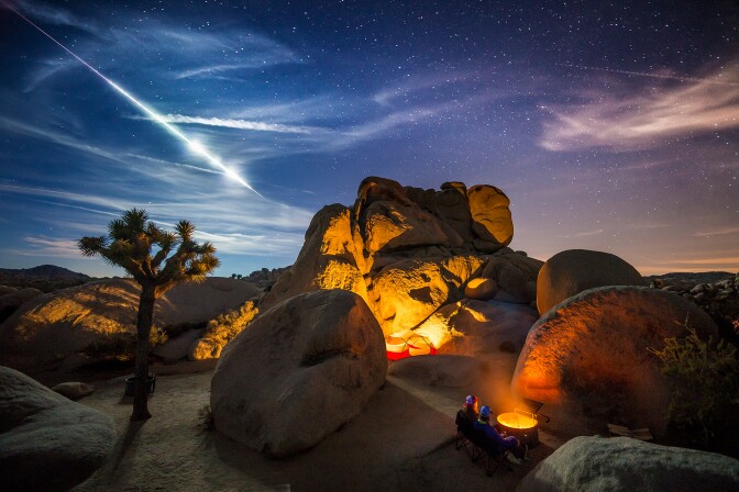 The regularly scheduled evening camping shot that I had planned for our time in 
Joshua Tree was made infinitely more exciting when a meteor exploded in the sky just 
after I had triggered a 30 second exposure on my camera. The resulting image is a 
stroke of good luck that, as a photographer, you dream of, but never expect to actually 
have happen. This was truly a once in a lifetime shot. Joshua Tree National Park, 
California.