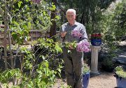 A man stands next to a pink flower in a garden.