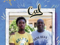 Entering UC Berkeley freshman Miles Bradford stands with his father father Lawrence Bradford in front of their Los Angeles home.
