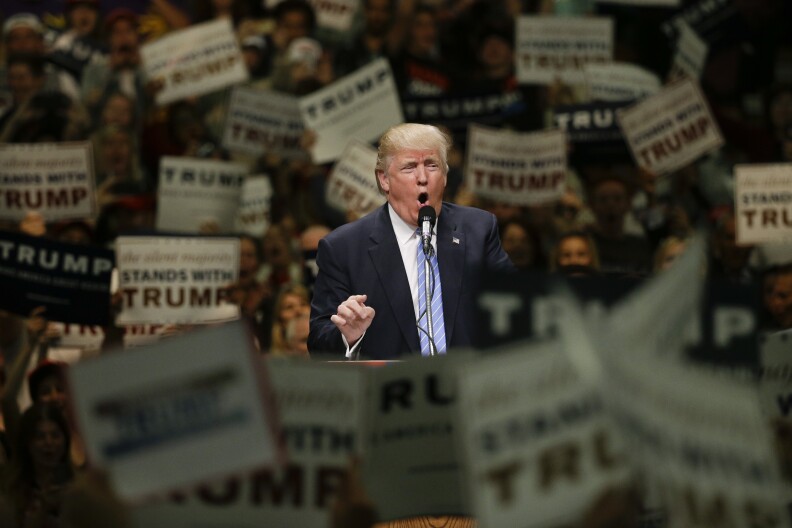 File: Then-presidential candidate Donald Trump speaks during a rally at the Anaheim Convention Center, Wednesday, May 25, 2016.