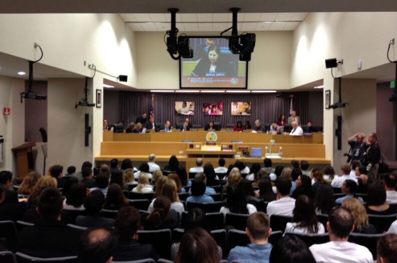 An LAUSD board meeting in February.