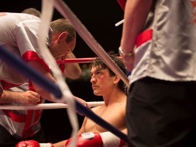 Miles Teller and Aaron Eckhart star in the boxing drama "Bleed For This." 