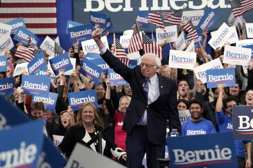 MANCHESTER, NEW HAMPSHIRE - FEBRUARY 11: Democratic presidential candidate Sen. Bernie Sanders (I-VT) takes the stage with his spouse Jane O'Meara Sanders during a primary night event on February 11, 2020 in Manchester, New Hampshire. New Hampshire voters cast their ballots today in the first-in-the-nation presidential primary. (Photo by Drew Angerer/Getty Images)