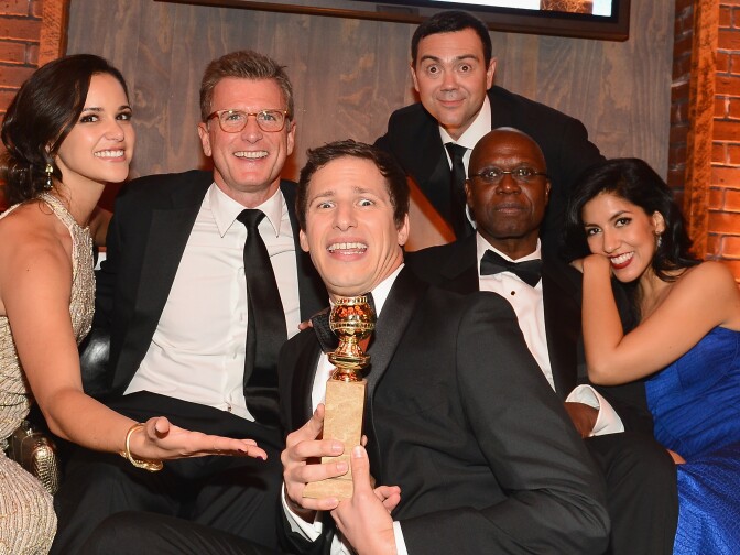 (L-R) Actress Melissa Fumero, Fox Chairman of Entertainment Kevin Reilly, actor Andy Samberg, actor Joe Lo Truglio, actress Stephanie Beatriz, and  actor Andre Braugher attend the Fox And FX's 2014 Golden Globe Awards Party on Jan. 12, 2014 in Beverly Hills.