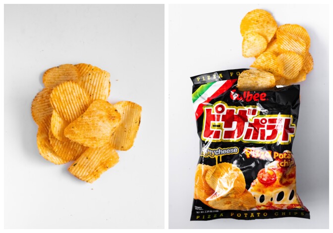 A split screen: On the left are yellow ridged potato chips. On the right, a black chip bag with the name Calbee in red letters, Japanese characters in red font with white overlines and pictures of potato chips with a slice of pizza underneath them