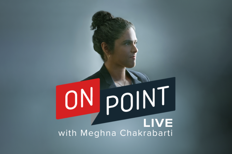 A dark smoky gray background includes a side headshot of Meghna Chakrabarti. Below her, there is the On Point logo and the text reads "LIVE with Meghna Chakrabarti".