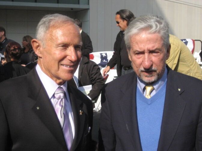 Former LAPD Chief Daryl Gates, left, and Former State Senator Tom Hayden, an arch-critic of the LAPD, at ceremonies marking the appointment of Chief Charlie Beck.