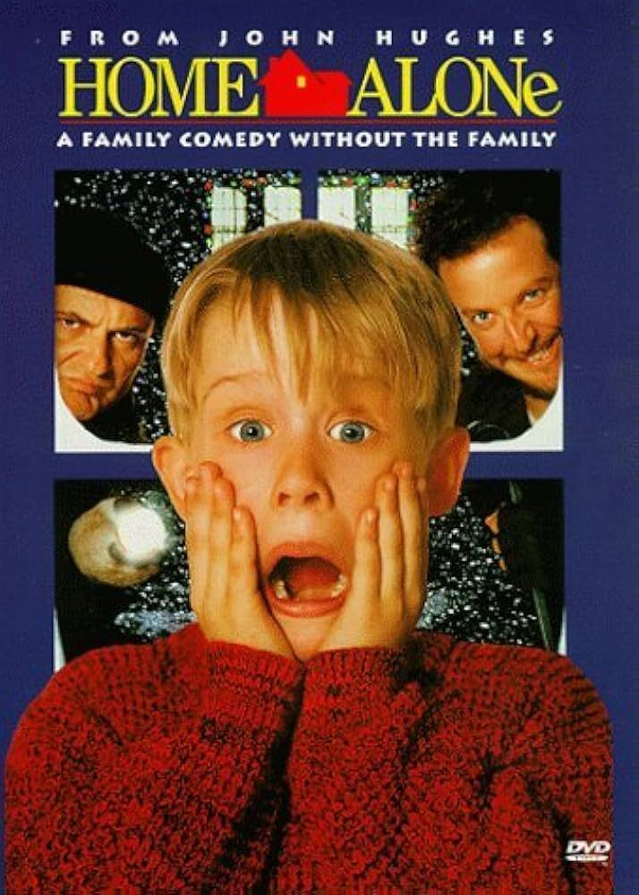 Home Alone DVD cover with a light-skinned boy holding his hands to his cheeks, screaming. Behind him are two light-skinned men glaring at the boy. 