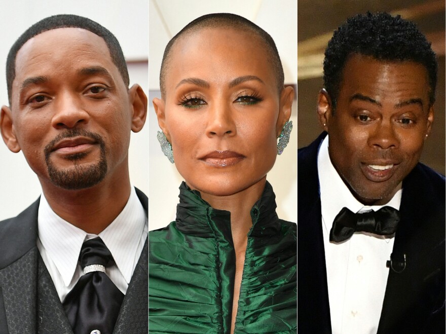 Will Smith, Jada Pinkett Smith, and Chris Rock in triptych of images from the the 94th Oscars.