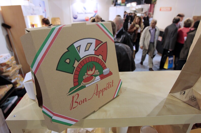A box of pizza is shown on March 31, 2010 during the Pizza & Pasta expo, part of the "Foods & goods" fair at the Porte de Versailles exhibition center in Paris. The expo runs until March 31, 2010.
 AFP PHOTO JACQUES DEMARTHON (Photo credit should read JACQUES DEMARTHON/AFP/Getty Images)