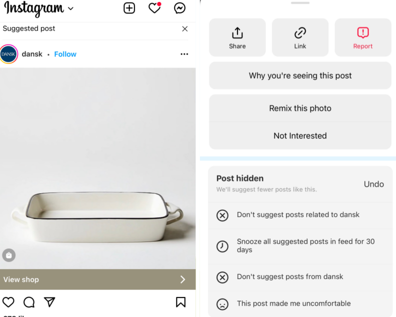 A screenshot of a new Instagram feature that allows you to snooze suggested posts by selecting "not interested."