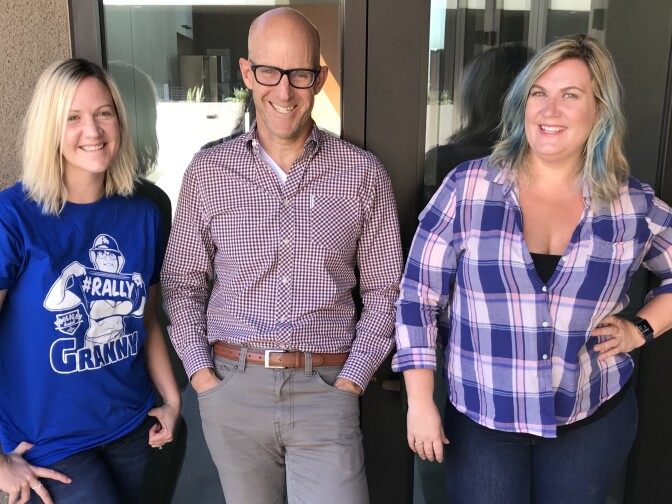 (L-R) Lizzy Molyneux, Frame host John Horn and Wendy Molyneux after their interview on The Frame. 