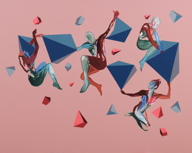 a painting of abstract human bodies curled around blue diamonds against a pink background